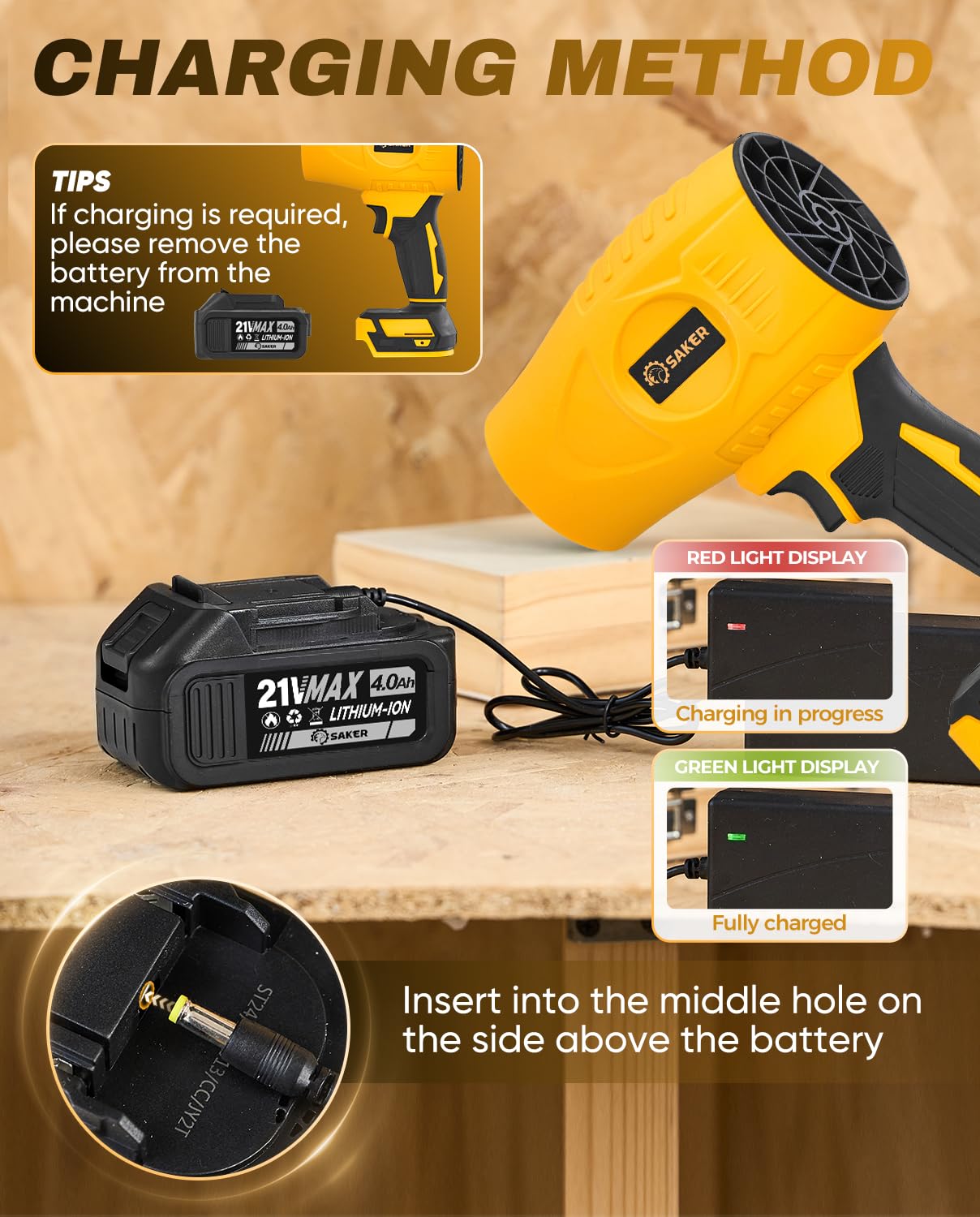 Saker charger included with two batteries for extended cleaning sessions