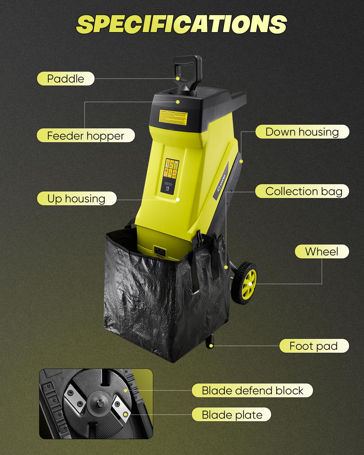 Saker 8:1 mulching system reduces debris volume.