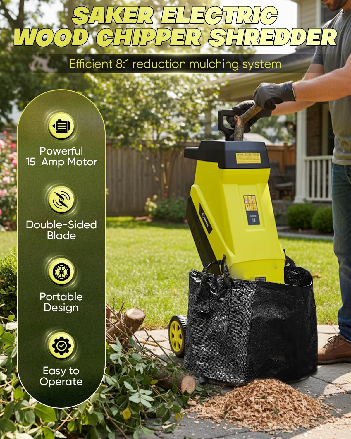 Saker chipper 15-amp motor powers quick garden cleanup.