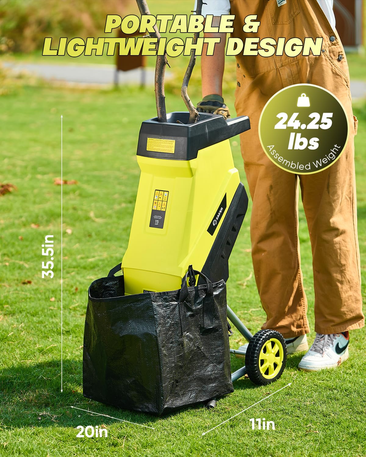 Saker chipper corded design delivers consistent power.