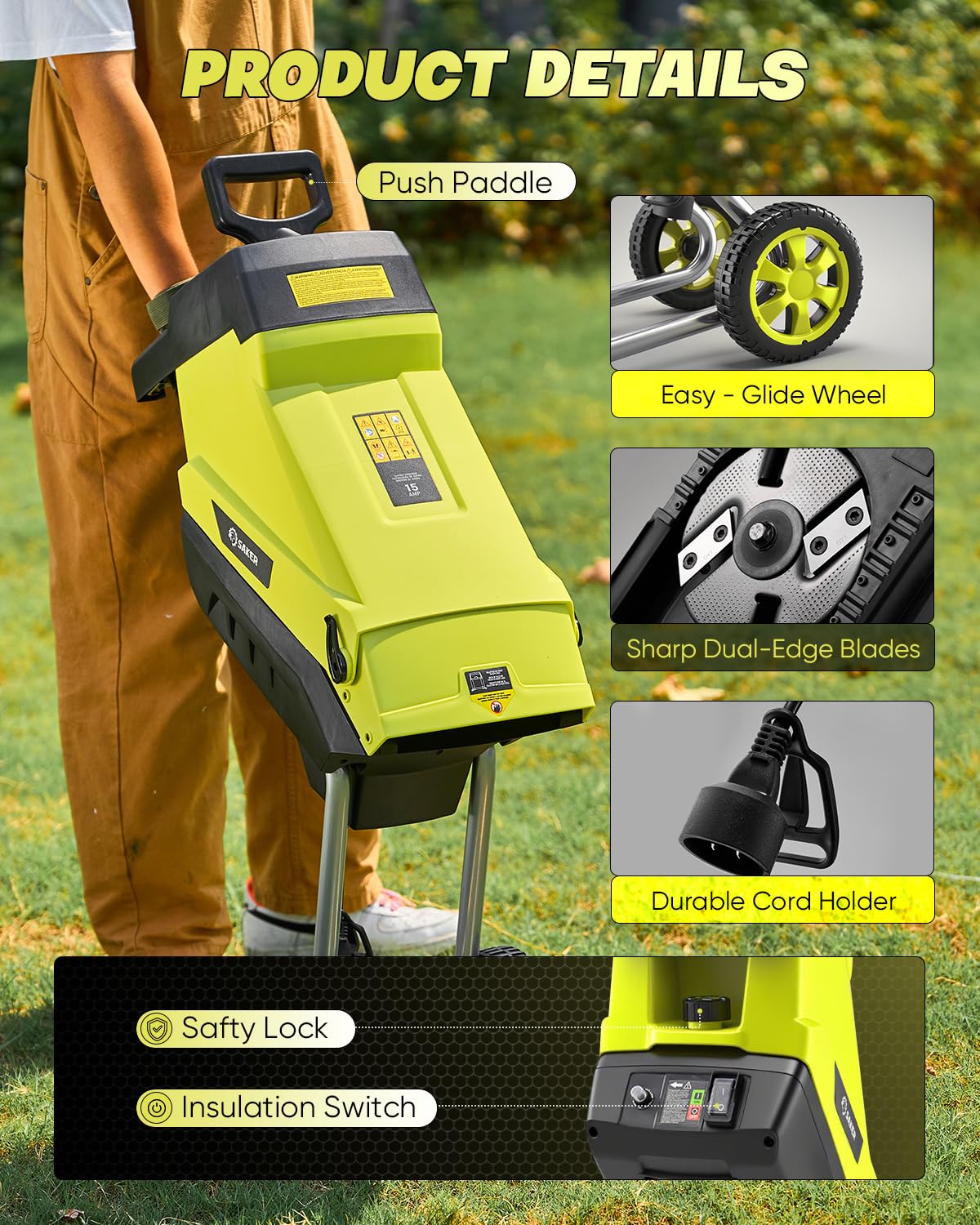 Saker chipper with wheels for easy yard mobility.
