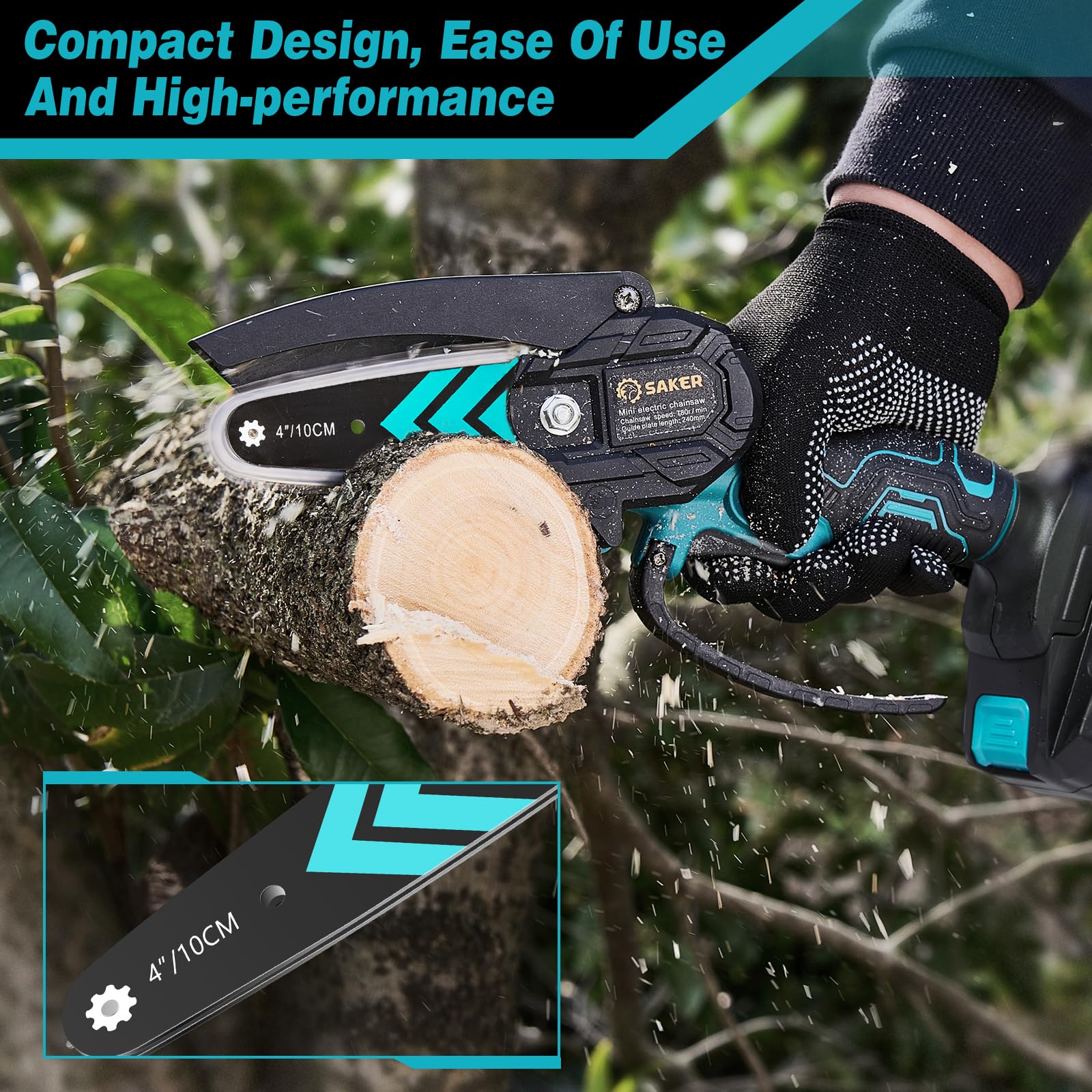 Saker compact guide bar reduces kickback for safer pruning.