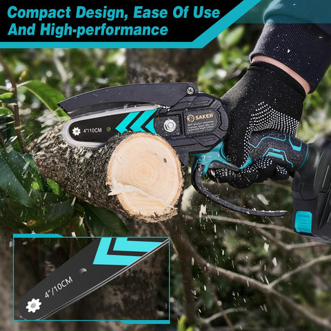 Saker compact guide bar reduces kickback for safer pruning.