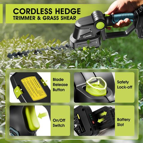 Saker cordless hedge trimmer with long blade for hedges and shrubs; efficient trimming.