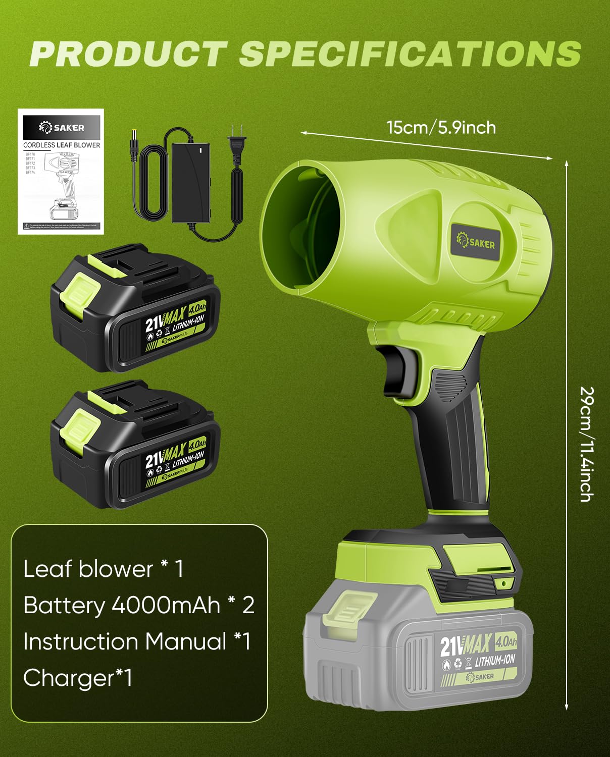 Saker cordless blower kit includes charger for quick recharges