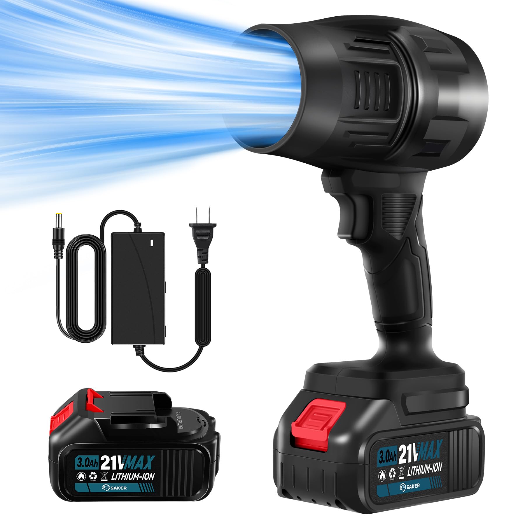 Saker cordless leaf blower product shot: compact, easy to handle.