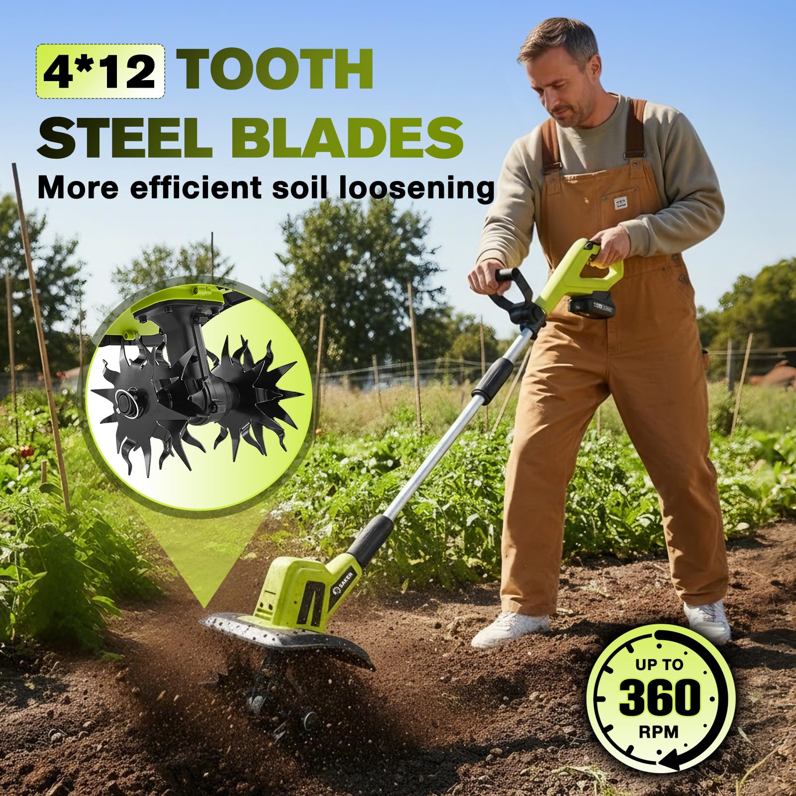 Saker tiller demonstrates 360 RPM motor for efficient soil prep.