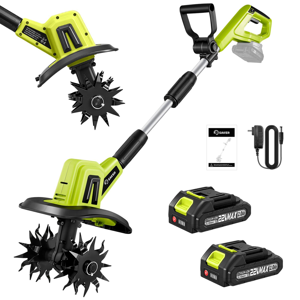 Saker cordless tiller compact design for tight garden spaces.