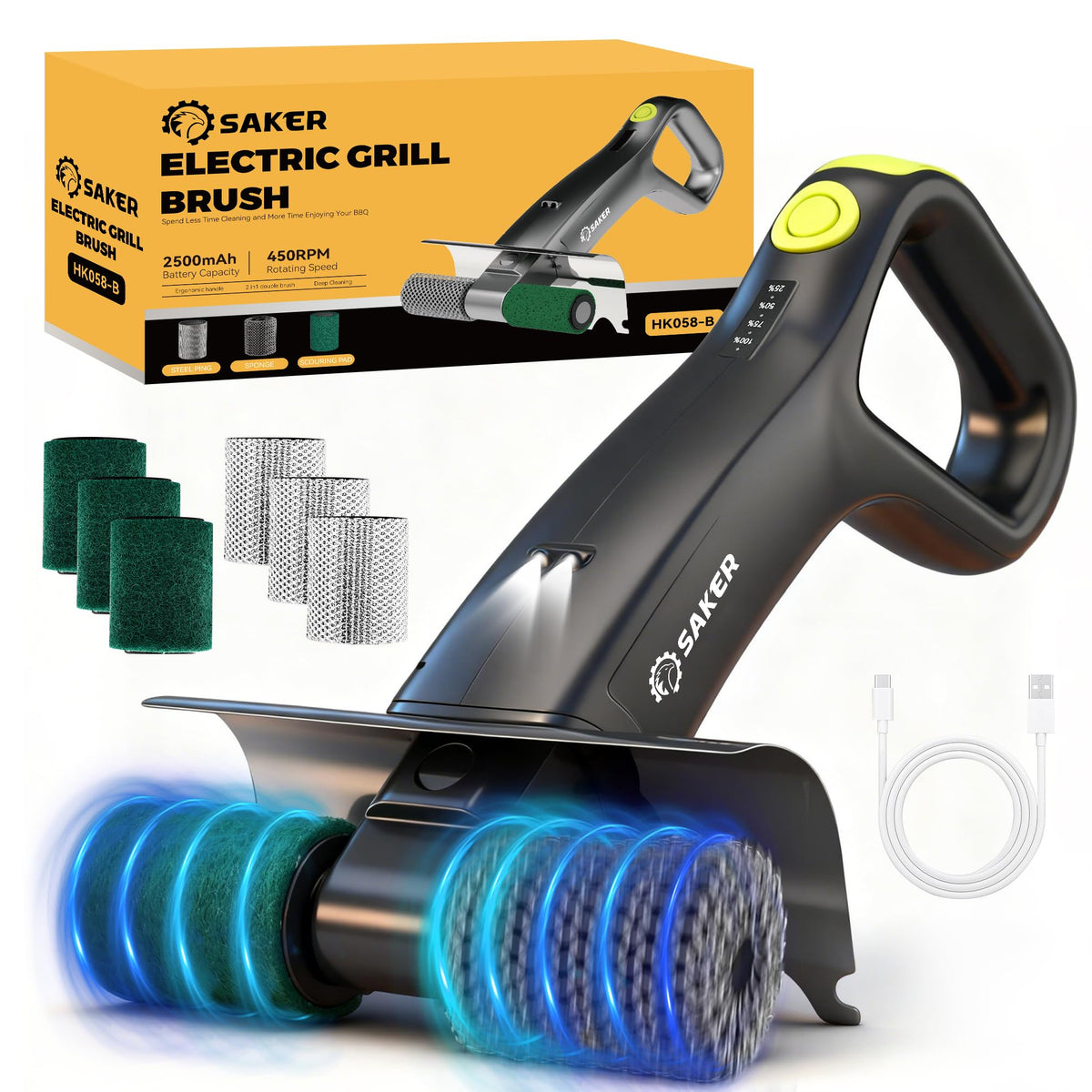 Saker electric grill brush delivers powerful 450 RPM cleaning for quick barbecue maintenance.
