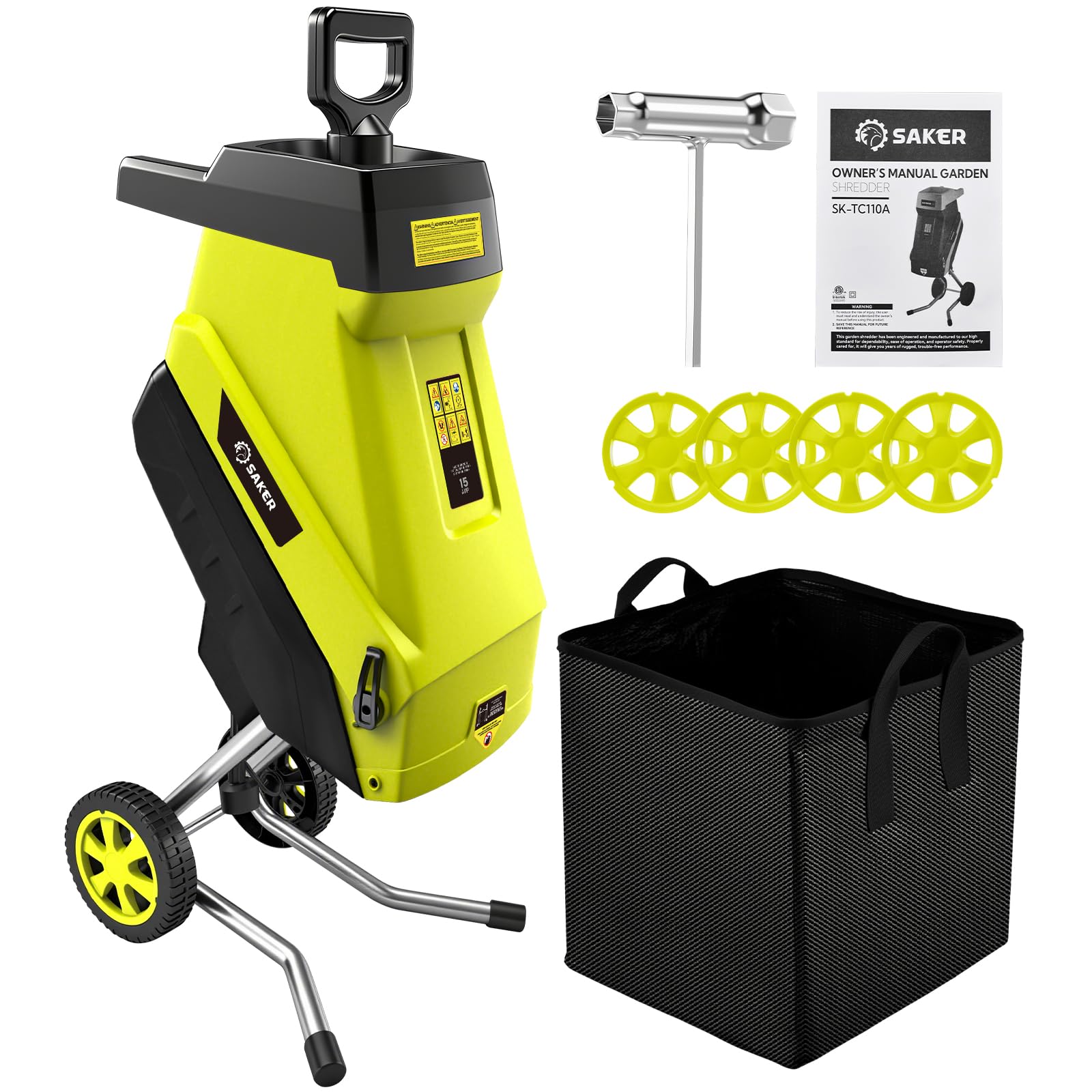 Saker electric wood chipper in action powering through branches up to 1.75 inches.