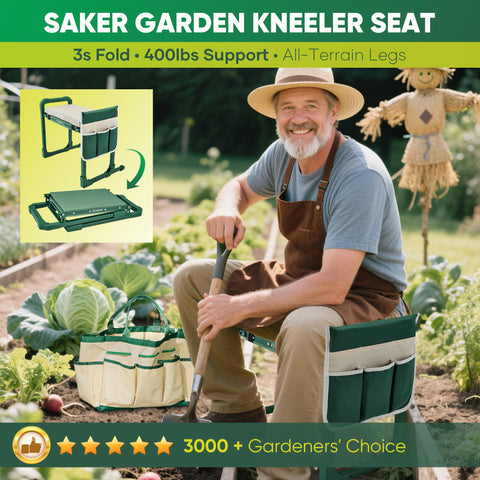 Saker garden kneeler with extendable legs stabilizes on uneven terrain