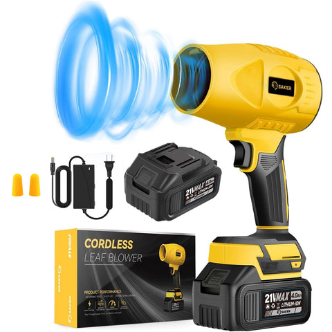 Saker handheld cordless leaf blower kit with yellow body for quick cleanups