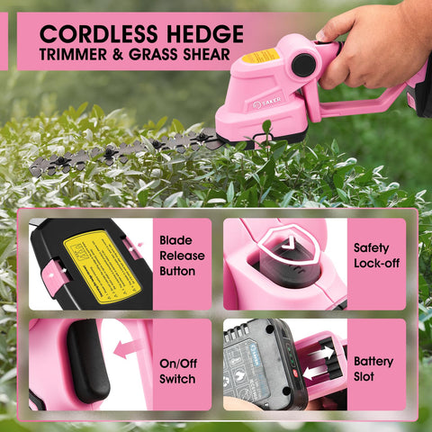Saker pink hedge trimmer long blade close-up for thin hedge shoots
