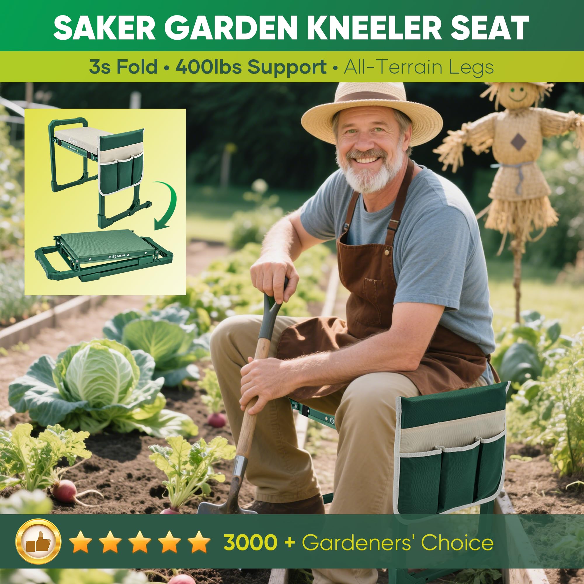 Saker garden kneeler with extendable legs for uneven terrain stability