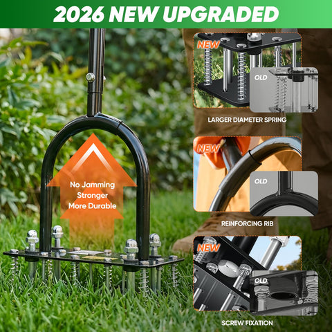 Saker lawn aerator showing adjustable height from 32 to 35 inches