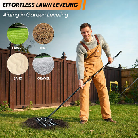 Saker Lawn Leveling Rake 73-inch handle close-up for improved control