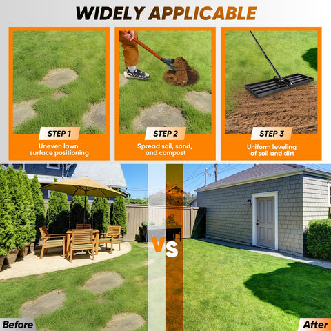 Saker Lawn Leveling Rake in use on lawn smoothing uneven soil
