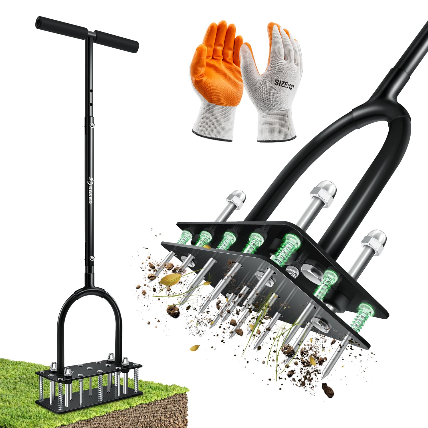 Saker manual lawn aerator with 15 iron spikes for deep soil penetration