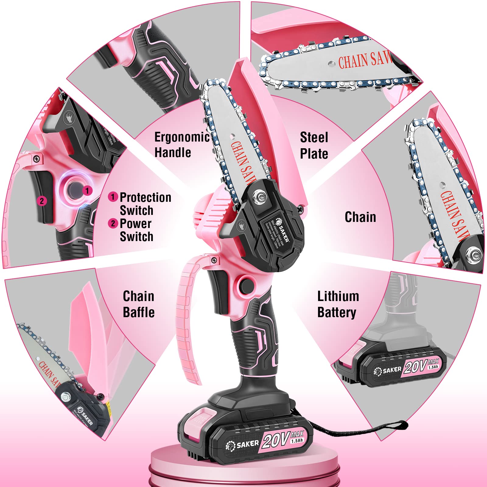 Saker Mini Chainsaw 20V battery powers cordless pruning and trimming
