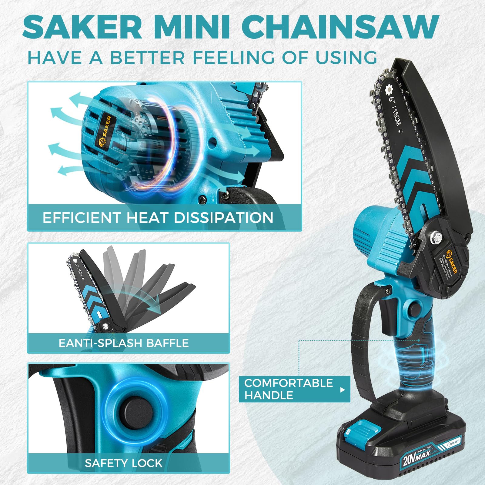 Saker Mini Chainsaw battery compartment with dual 20V packs showing extended runtime.