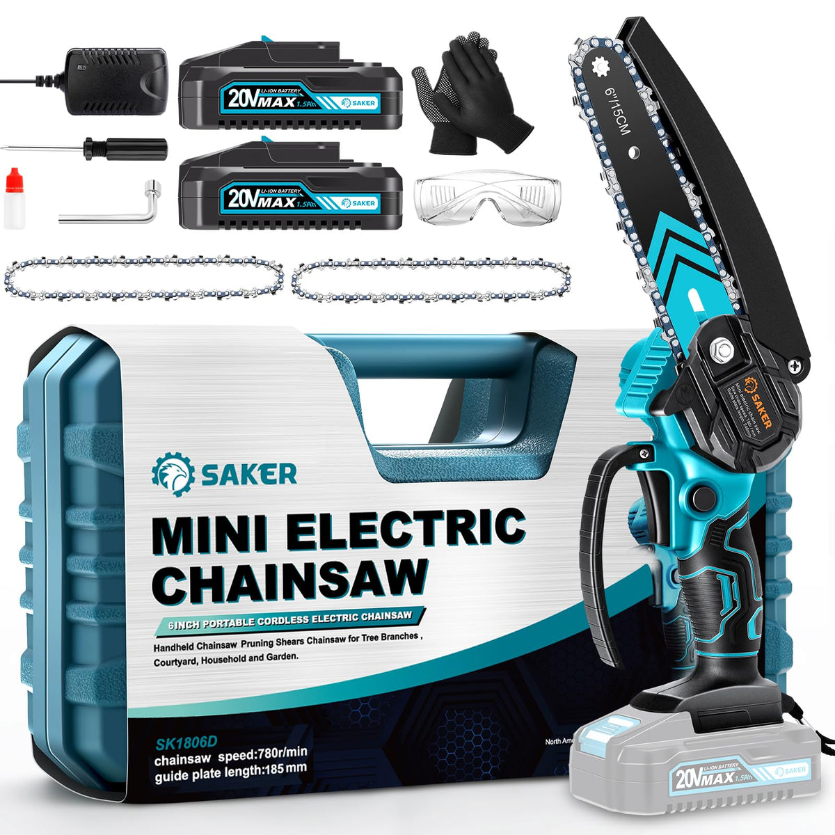 Saker Mini Chainsaw in use on a branch for efficient cordless cutting.