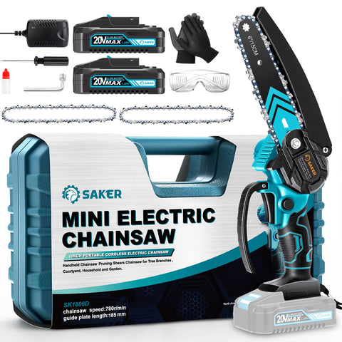 Saker Mini Chainsaw in use on a branch for efficient cordless cutting.