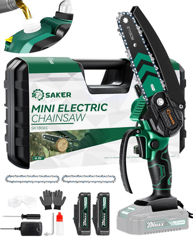 Saker Mini Chainsaw with automatic oiling system in action for smooth cutting