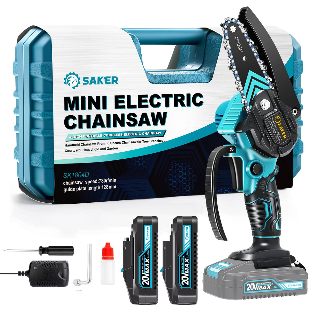 Saker Mini Chainsaw with battery and charger ready for quick pruning tasks