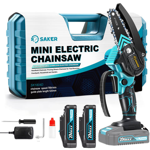 Saker Mini Chainsaw with battery and charger ready for quick pruning tasks