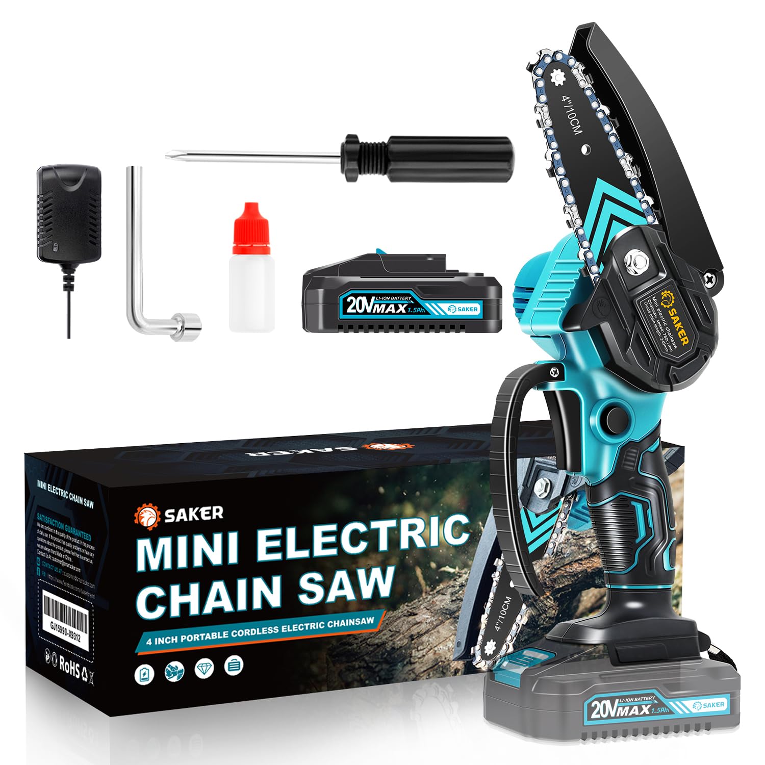 Saker Mini Chainsaw with battery included for quick cordless pruning