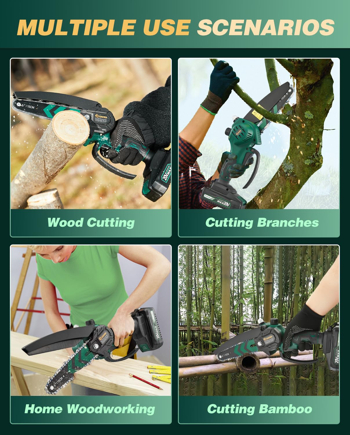 Saker Mini Chainsaw in use cuts a branch with controlled precision