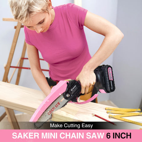 Saker Mini Chainsaw pink with two batteries for extended sessions.