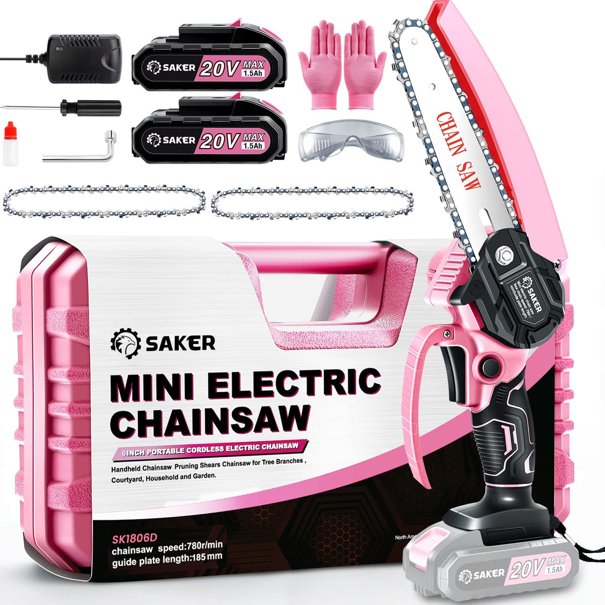 Saker Mini Chainsaw pink front view for quick pruning.