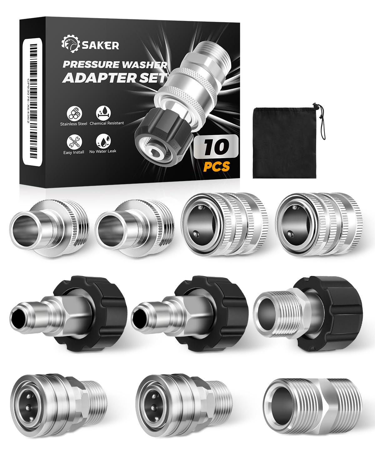 Saker pressure-washer hose connector set assembly shows full versatility for quick changes
