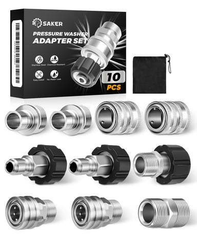 Saker pressure-washer hose connector set assembly shows full versatility for quick changes