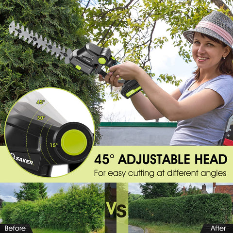 Saker rechargeable 20V battery powering cordless pruning sessions.
