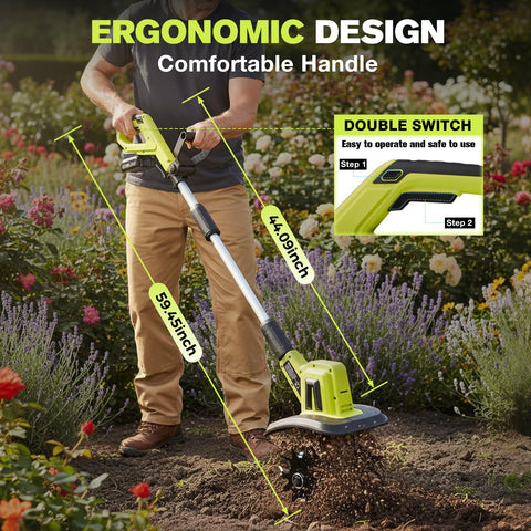 Ergonomic handle on the Saker cordless tiller for comfortable use.