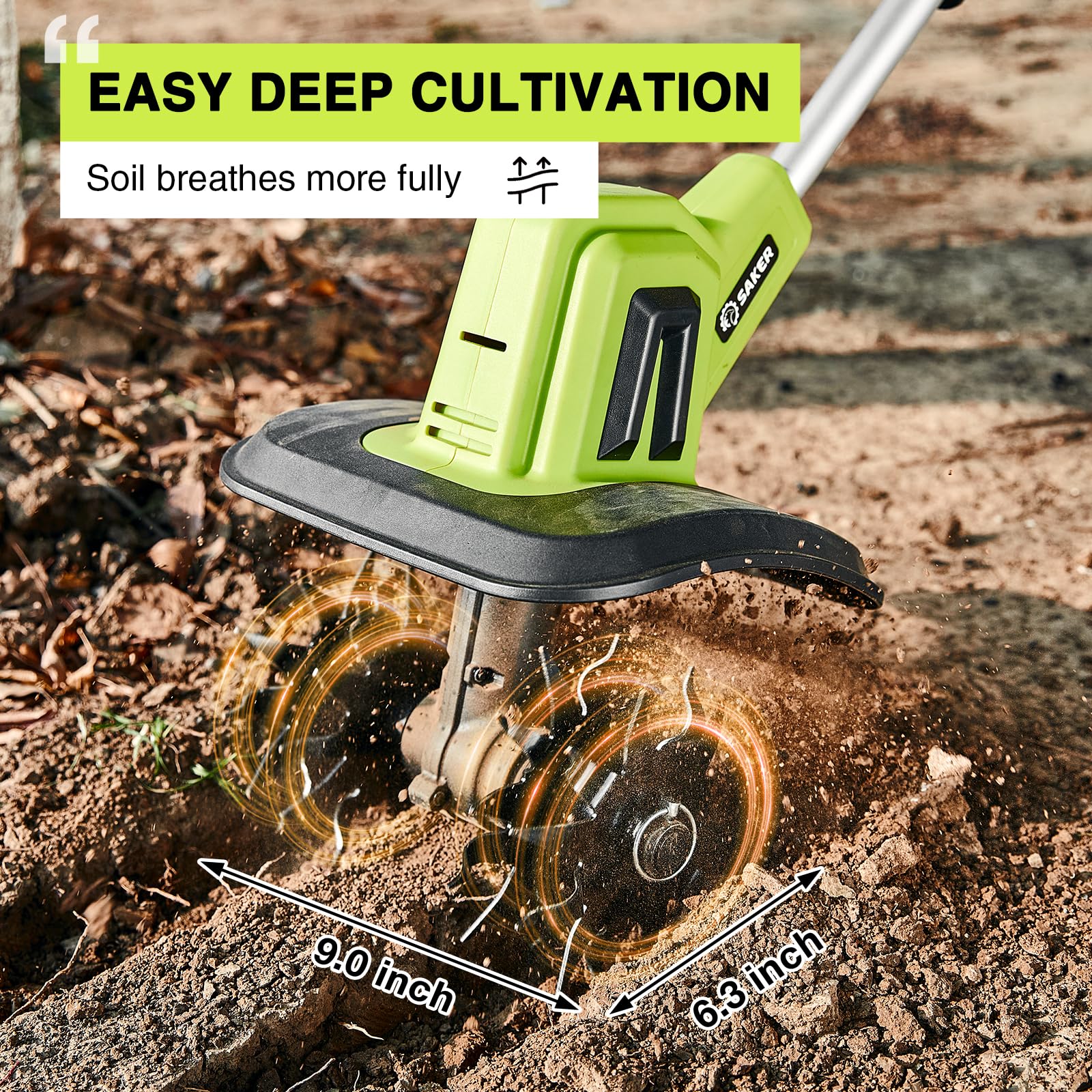 Saker tiller shows 9-inch tilling width and 6.3-inch depth in action.