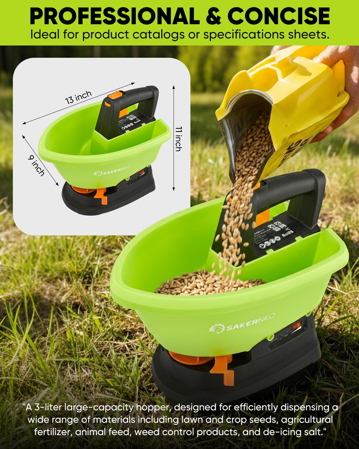 SAKERNEO spreader applies granular fertilizer with precision