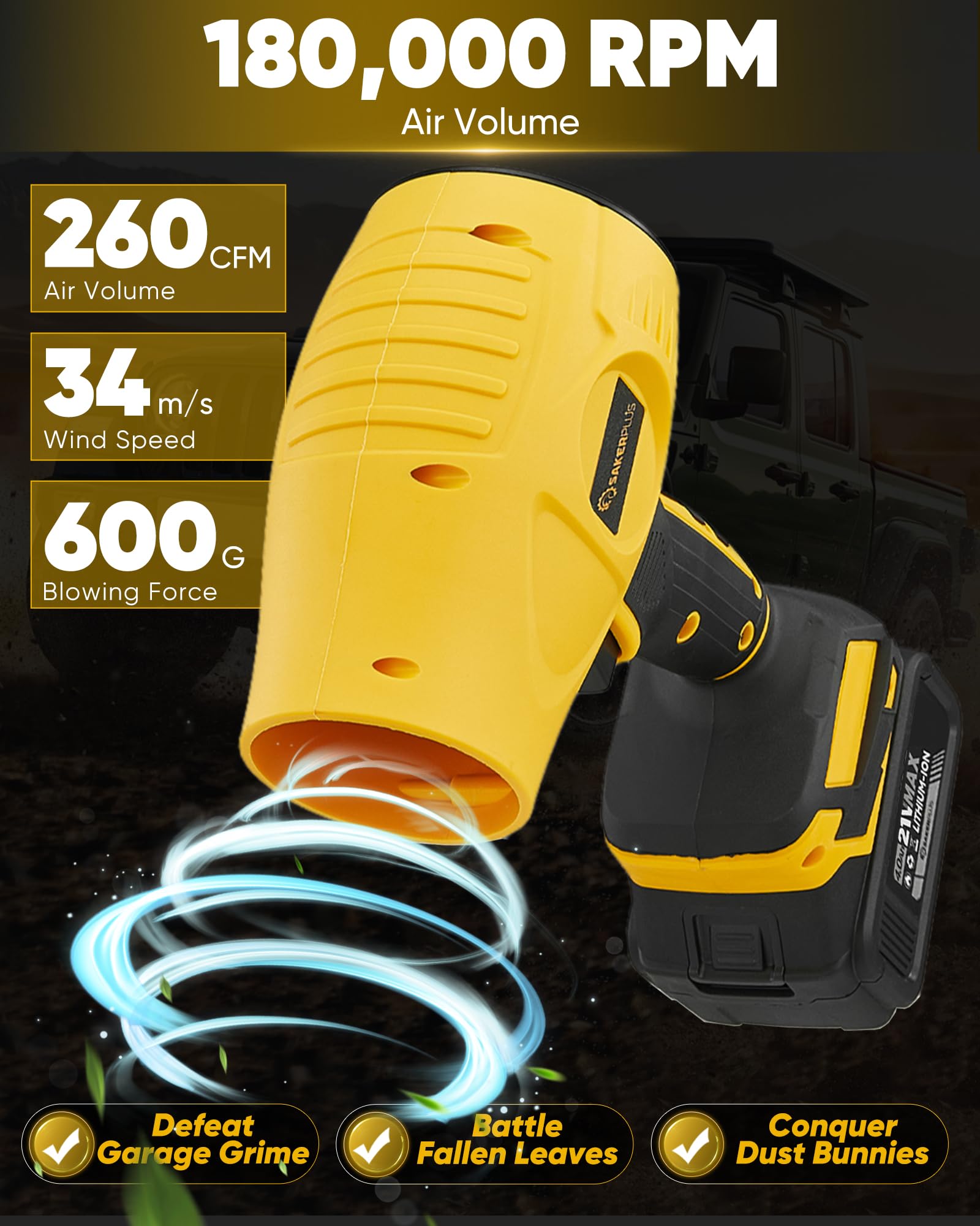 SakerPlus blower on patio cleaning leaves and dust with cordless freedom