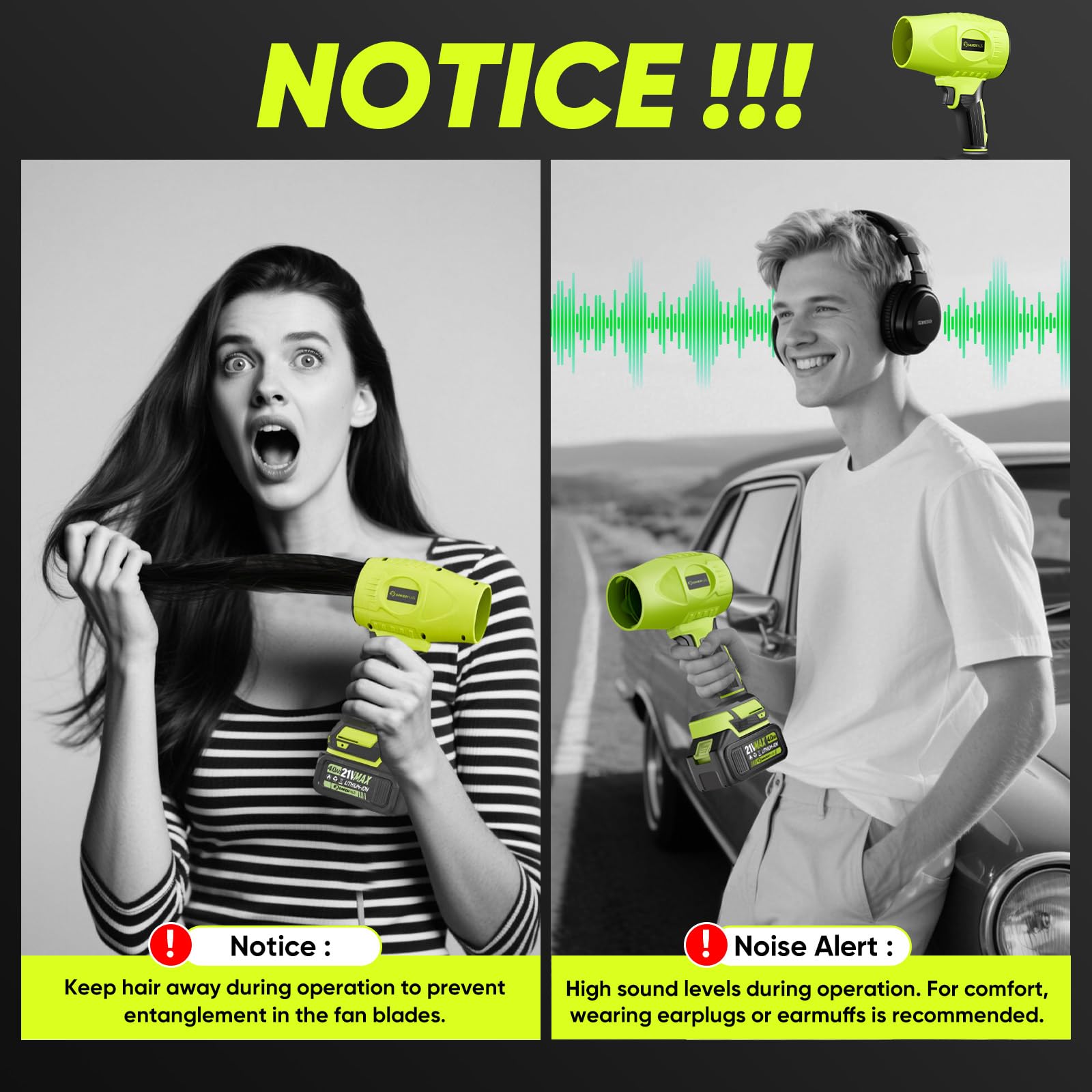 Bright lime green and matte black finish for high visibility