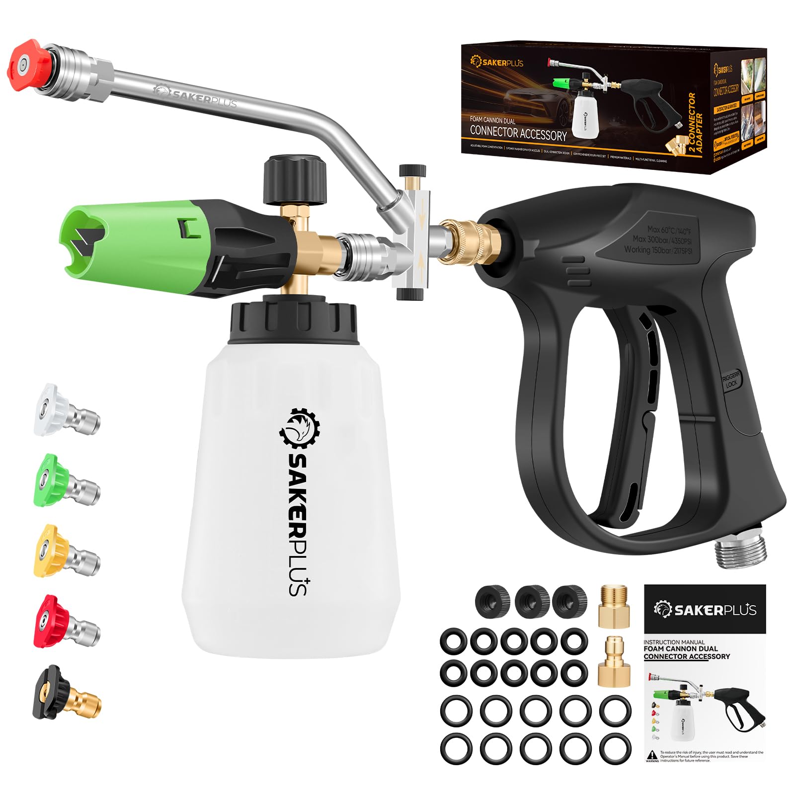 SakerPlus foam cannon with dual connector for efficient car washing.