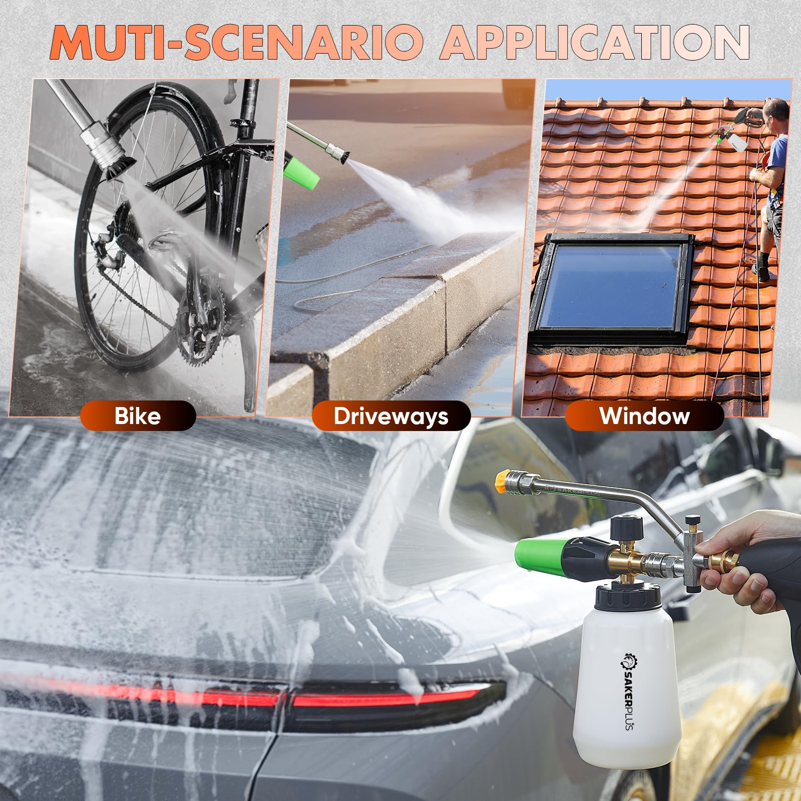 SakerPlus foam cannon used across cars, patios, and fences.