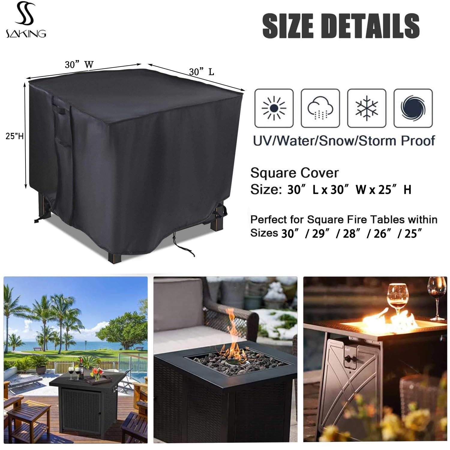 Saking cover with drawstring hem for a snug fit on a fire pit table