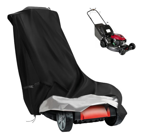 Saking lawn mower cover with drawstring and buckle provides secure closure against wind