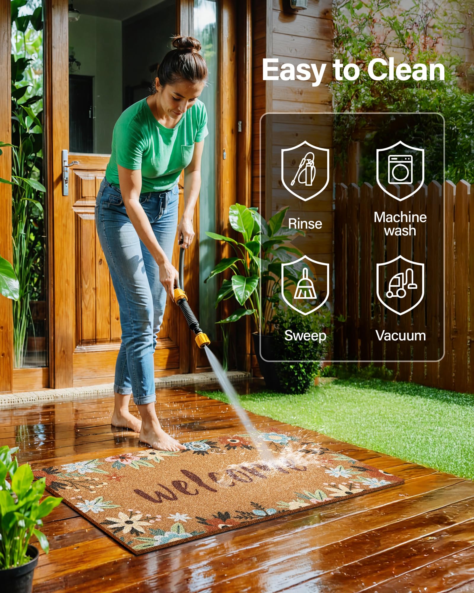SAKSUN easy-clean door mat; vacuum, shake, or hose rinse.