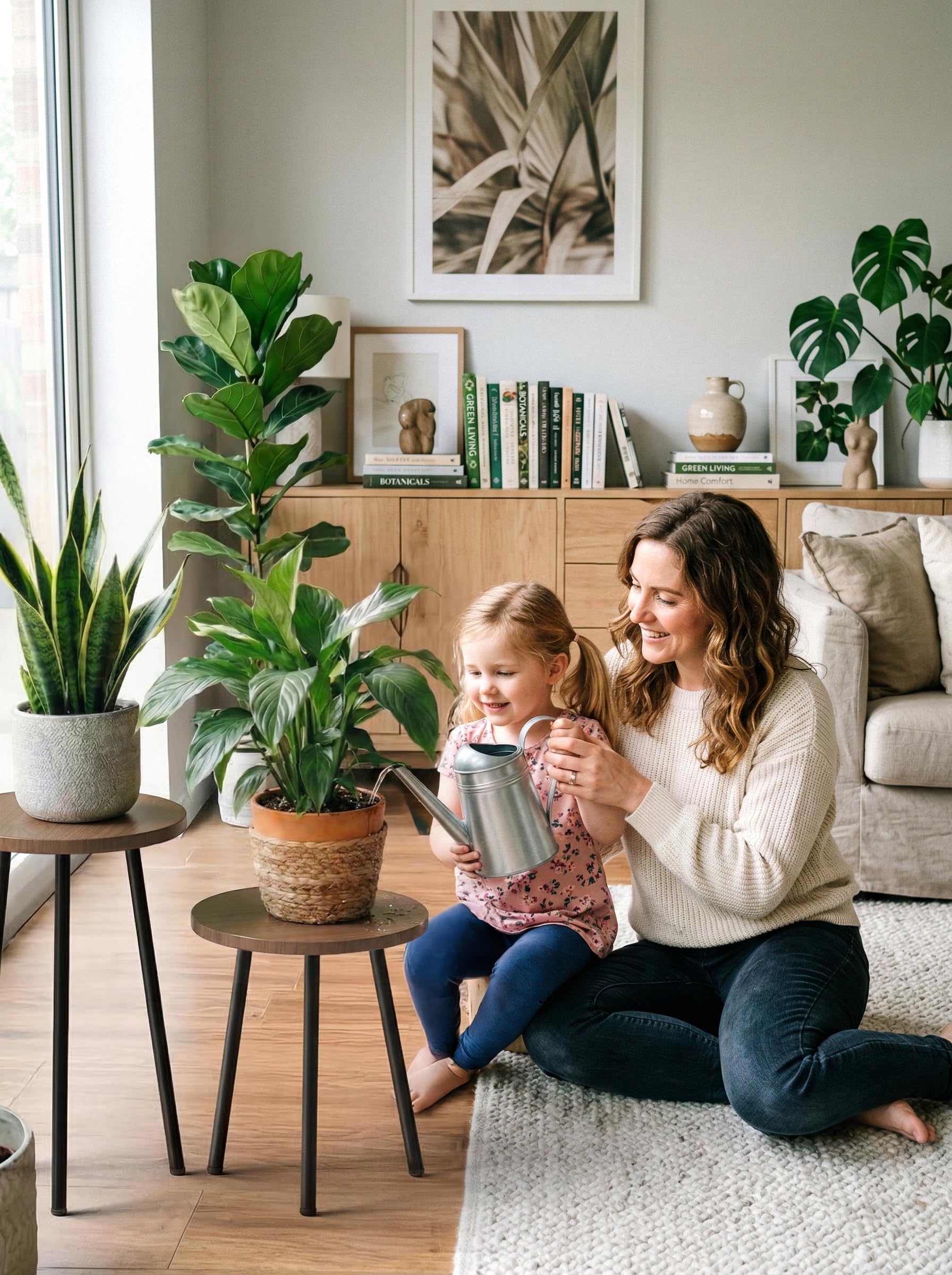 SAKSUN plant stand wooden-top model adds mid-century charm.