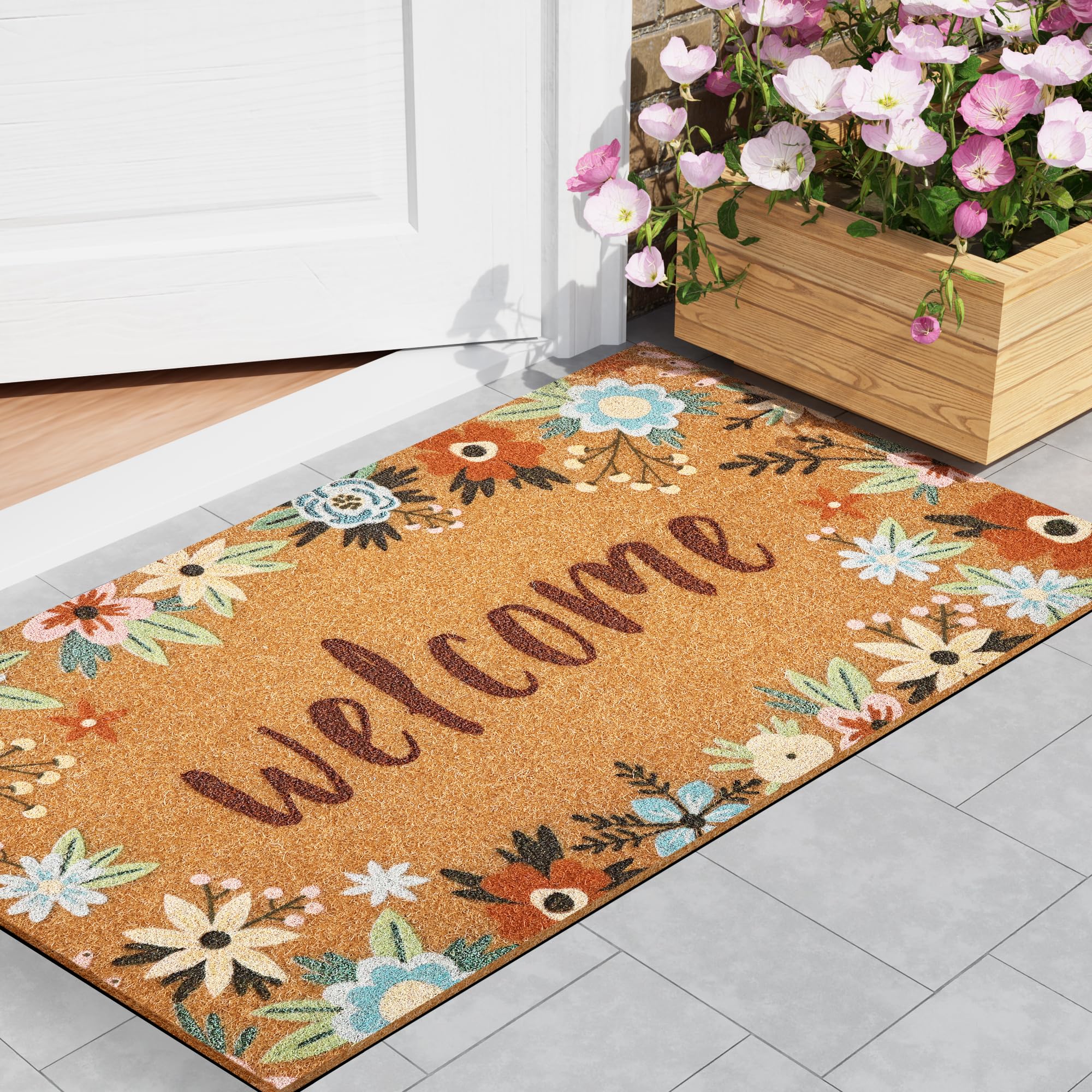 SAKSUN floral welcome mat greets guests with durable, stylish entrance.