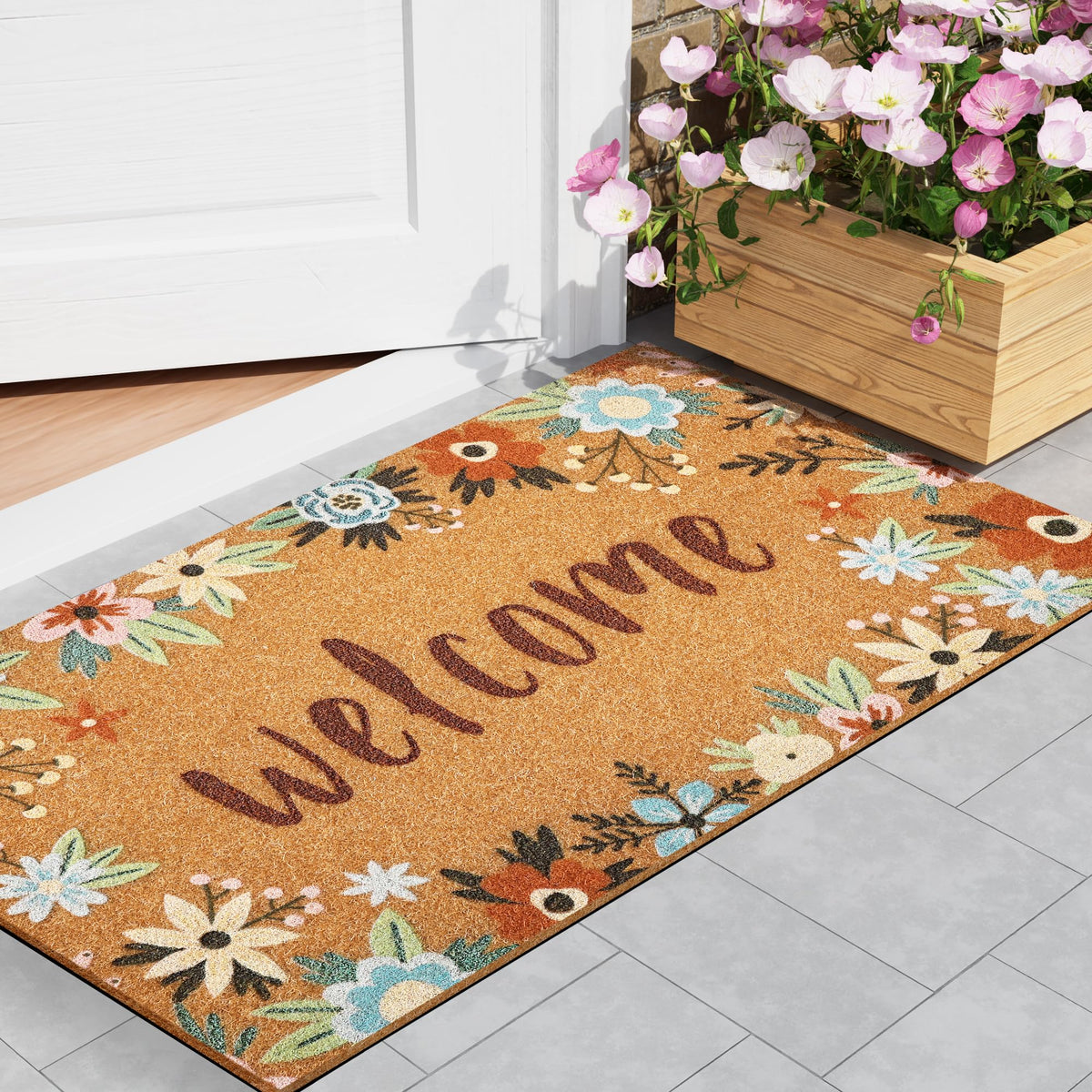 SAKSUN floral welcome mat greets guests with durable, stylish entrance.