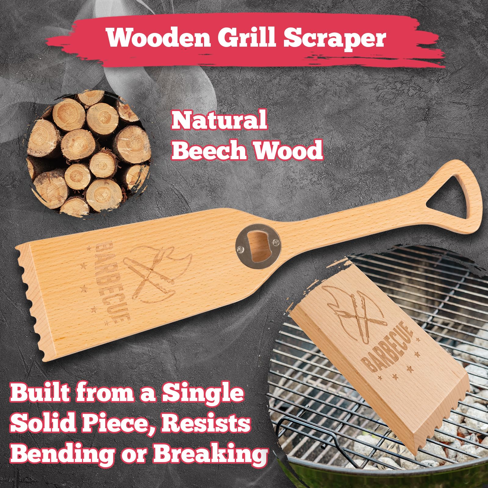 Salato grill scraper with built-in bottle opener for outdoor use.